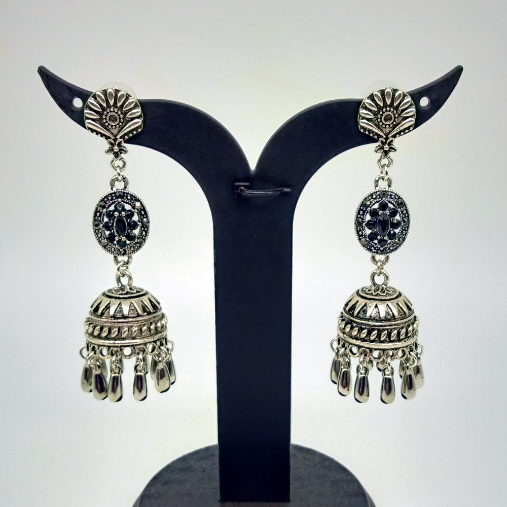 Oxidized Silver Earnings with Black Colour Stones